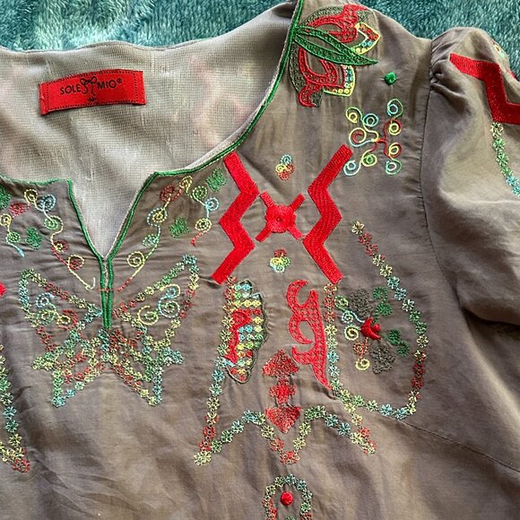 Sole Mio Brown Embroidery Cotton Blouse Size M - Picture 8 of 9